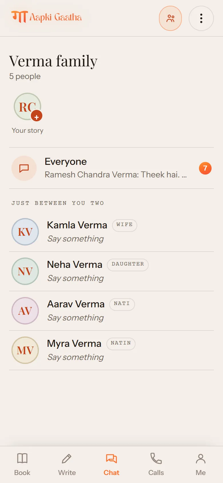 The family’s chats: the room for everyone, then one line per person, each named the way the family names them