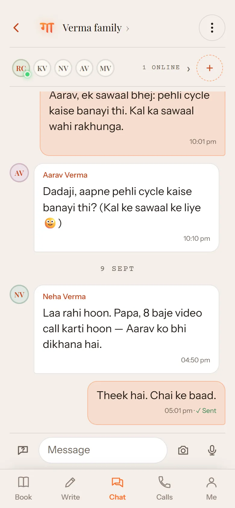 The Verma family’s room: Neha, Kamla, Aarav and Myra talking, in Hindi and English