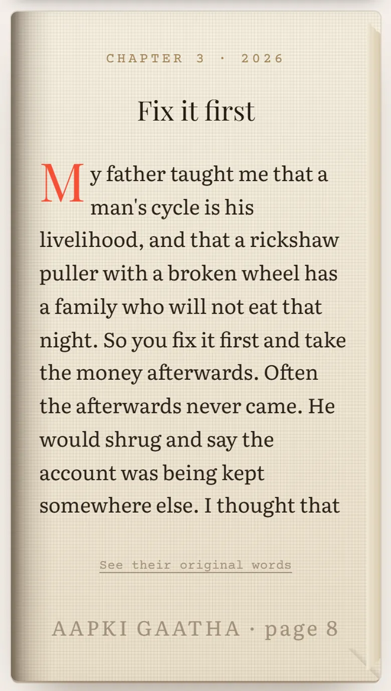 The same answer, set as a chapter: the same facts, the same order, punctuated and paragraphed. Nothing is invented. “See their original words” turns the page back to the one before it.
